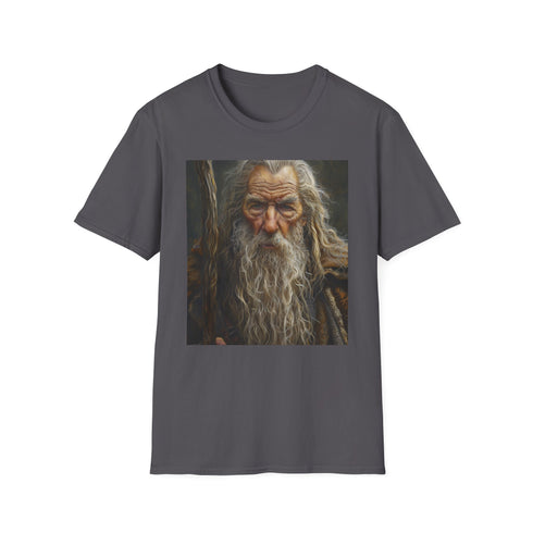 Charcoal crew neck Gandalf T-shirt with vibrant fantasy artwork
