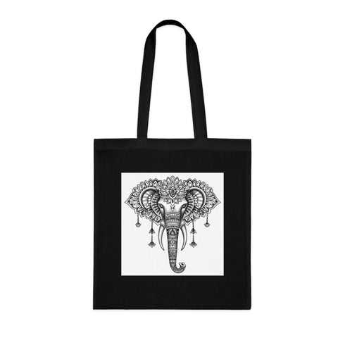 Elephant Mandala Majesty Tote Bag - Black Cotton Bag with Ornate Design