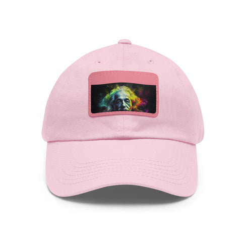 Neon baseball cap with Einstein watercolor portrait on white patch.