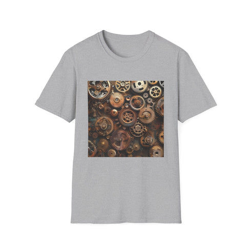 Steampunk-themed t-shirt with intricate gears on white fabric.