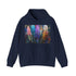 Bohemian navy feather hoodie, perfect for adventurers and free spirits.