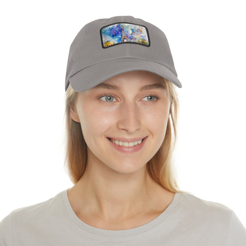 White cotton Eiffel Tower watercolor cap with light brown patch.
