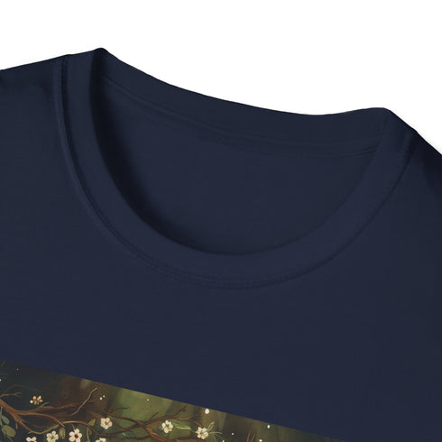 Charcoal cotton t-shirt with woodland creature pattern and crew neck design