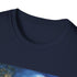 Charcoal cotton t-shirt with moonlit castle forest design evokes mystery