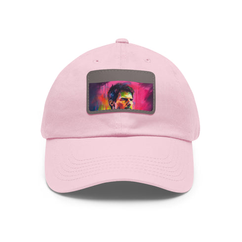 Neon watercolor baseball cap with light brown patch, rectangle shape.