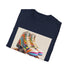 Retro roller skate themed charcoal t-shirt with colorful stripes.