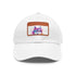 Husky design white baseball cap with light brown rectangle patch.