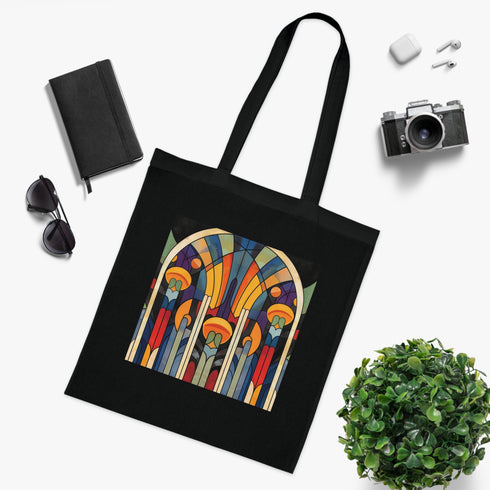 Deco Geo Tote Bag, Black Cotton Tote, Art Deco Inspired Geometric Pattern