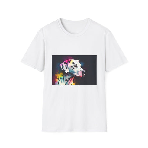 Charcoal crew neck t-shirt with vibrant Dalmatian watercolor design