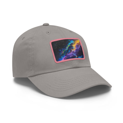 Vibrant neon galaxy snapback cap with light brown rectangle patch.