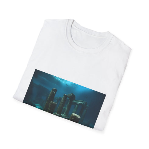 Charcoal cotton T-shirt with sunken civilization ruins graphic evokes mystery
