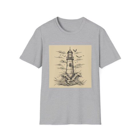 Hand-drawn charcoal lighthouse t-shirt in soft cotton suggesting summer coastal vibes