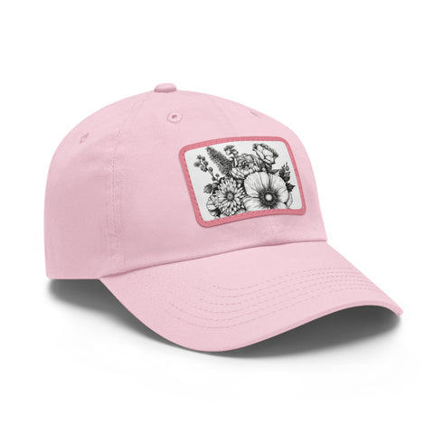 Colorful hand-drawn floral baseball cap in white with brown patch.