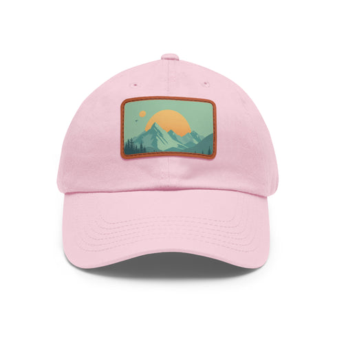 Minimalist alpine landscape baseball cap in white with light brown patch.