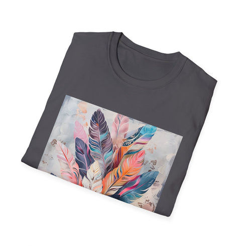 Charcoal cotton t-shirt with bohemian feather print and crew neck design