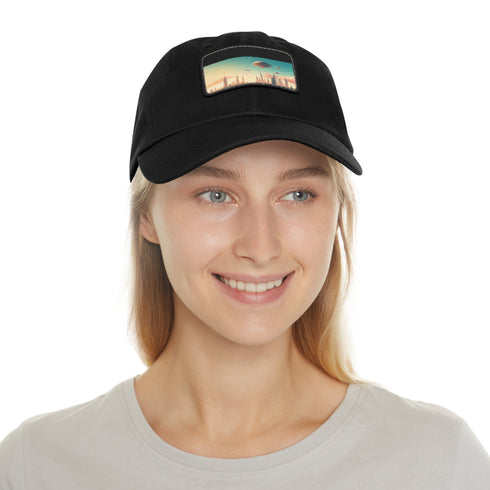 Urban skyline white cotton hat with futuristic city design.