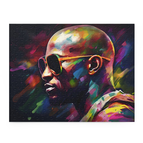 Vibrant watercolor sunglasses puzzle featuring Floyd Mayweather's portrait.