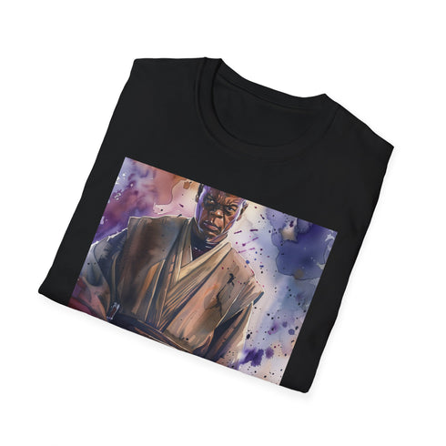 Charcoal crew neck T-shirt with Mace Windu purple lightsaber illustration