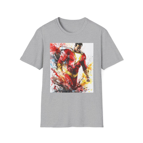 Shazam lightning logo t-shirt in charcoal, men's small summer wear.