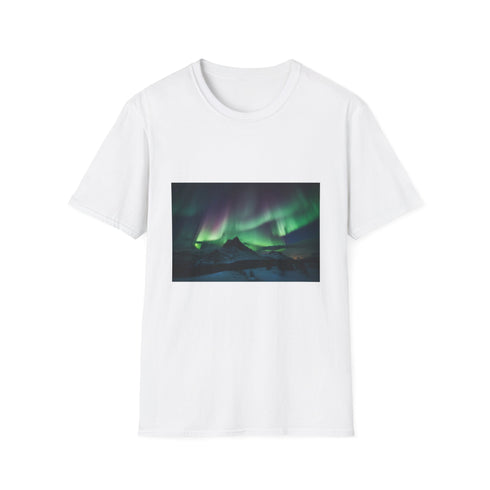 Charcoal cotton crew neck T-shirt with vibrant aurora borealis design