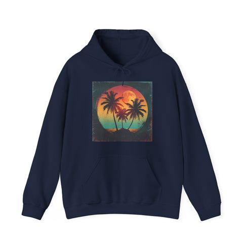 Tropical sunset palm trees navy hoodie for men and women.