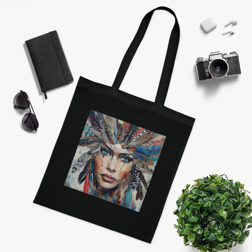 Boho spirit tote bag with feather design in black cotton fabric.