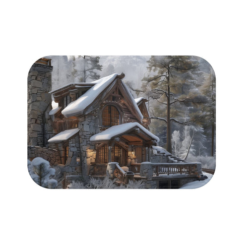 Rustic mountain cabin bath mat with serene peaks for cozy vibes.