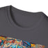 Charcoal cotton T-shirt with vibrant neon tribal mask painting design