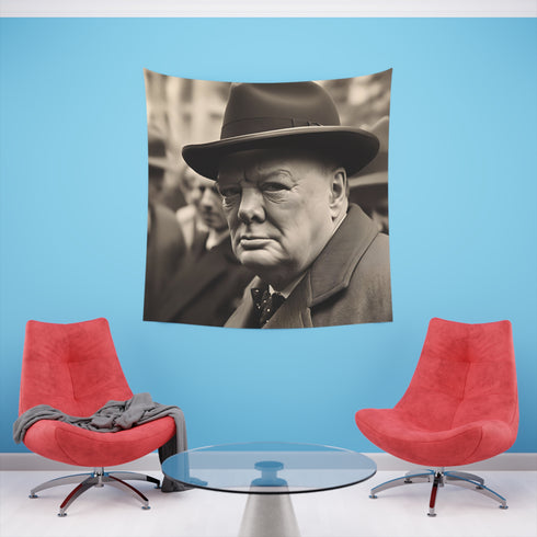 Winston Churchill Tapestry: Resilience in WWII London - High-Quality Art for History Enthusiasts