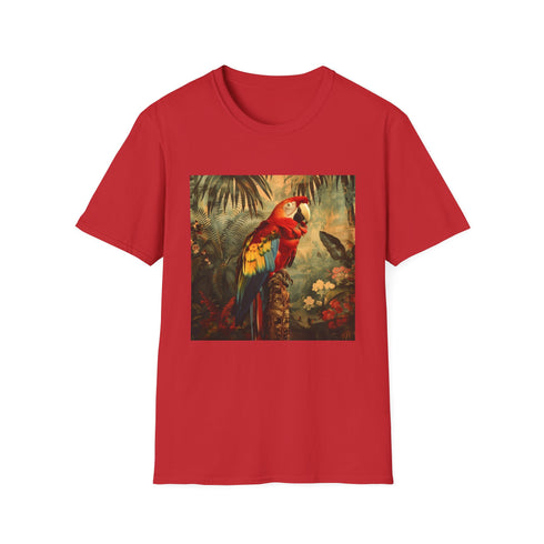 Charcoal cotton T-shirt features vibrant tropical parrots' design evokes freedom