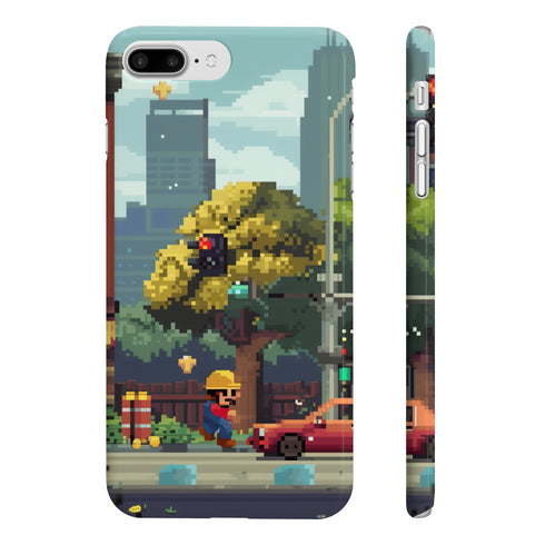 Retro 8-bit arcade phone case, vivid pixel art design, glossy finish.