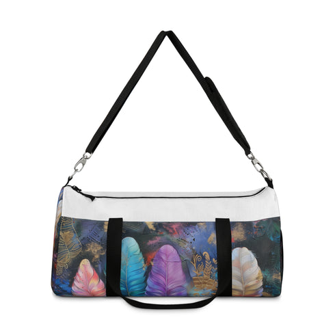 Bohemian feather duffel bag perfect for weekend getaways in small size.