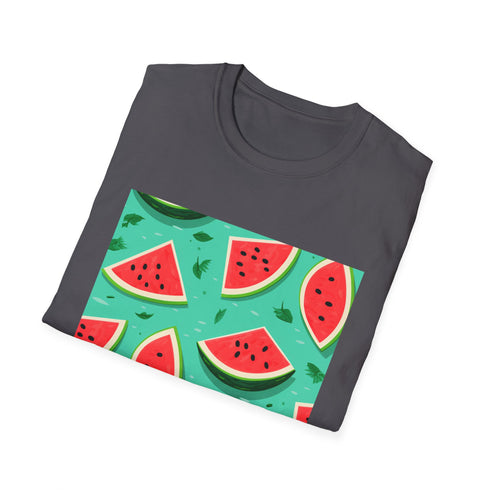 Charcoal tropical patterned T-shirt with vibrant watermelons and Hawaiian florals