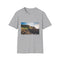 Charcoal crew neck cotton T-shirt with interlocking basalt columns design