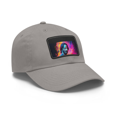 Neon watercolor baseball cap with Keanu Reeves design and light brown patch.