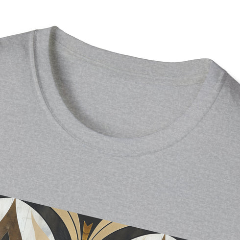 Art deco geometric charcoal t-shirt with vibrant abstract patterns cotton crew neck