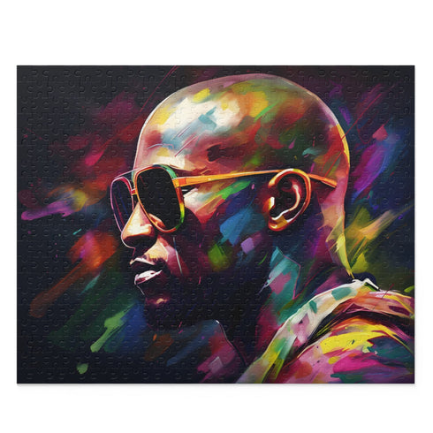Vibrant watercolor sunglasses puzzle featuring Floyd Mayweather for boxing enthusiasts.