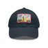 London skyline watercolor baseball cap in white with light brown patch.