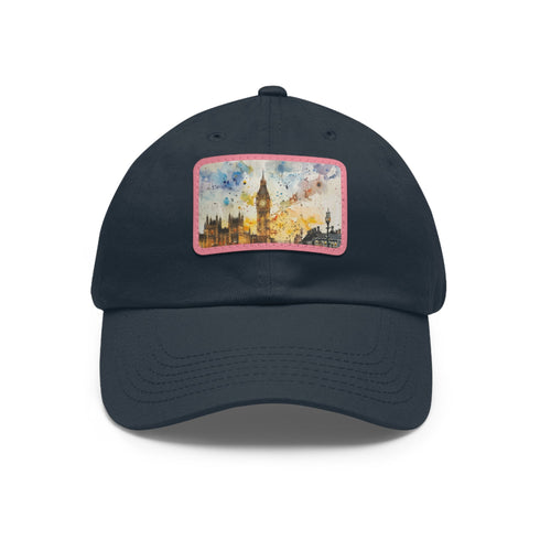London skyline watercolor baseball cap in white with light brown patch.