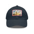 London skyline watercolor baseball cap in white with light brown patch.