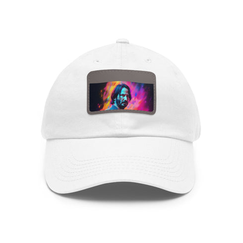 Neon Dreams Keanu Reeves watercolor baseball cap in white and light brown.