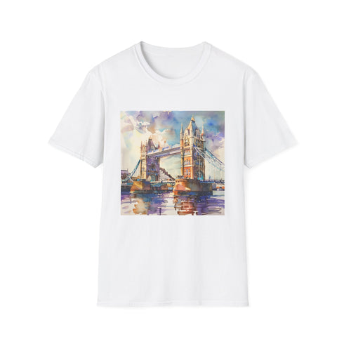 Charcoal cotton t-shirt featuring vibrant watercolor Tower Bridge graphic