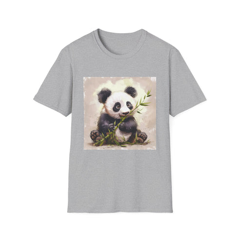 Charcoal crew neck t-shirt featuring a panda bamboo feast illustration