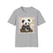 Charcoal crew neck t-shirt featuring a panda bamboo feast illustration