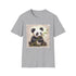 Charcoal crew neck t-shirt featuring a panda bamboo feast illustration