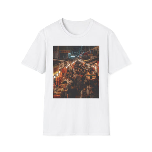 Charcoal cotton T-shirt with vibrant Asian night market tapestry graphic