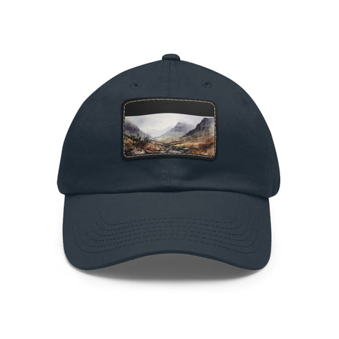 Highland adventure baseball cap with Scottish landscape design in white.
