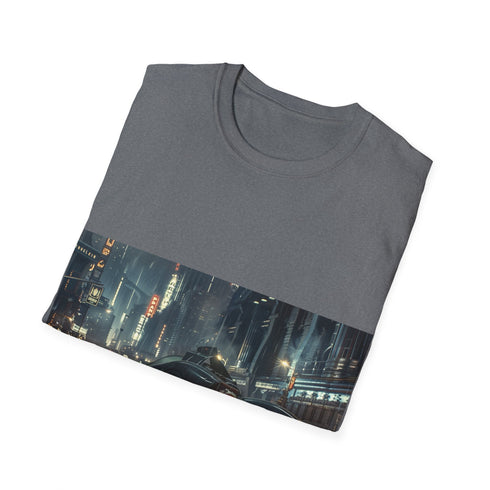 Charcoal Batman t-shirt featuring Gotham City and Batmobile graphic.