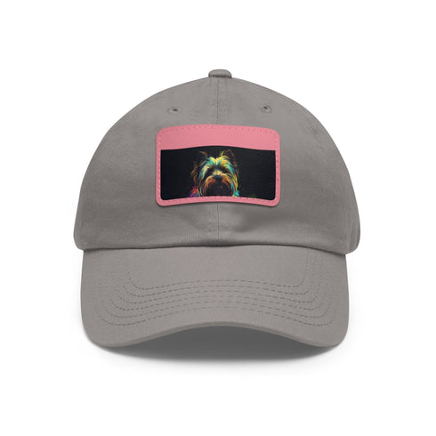 Embroidered Yorkshire Terrier baseball hat with rectangle patch, white/light brown.