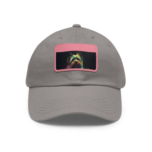 Adorable Yorkshire Terrier embroidered white baseball cap rectangle patch vegan.